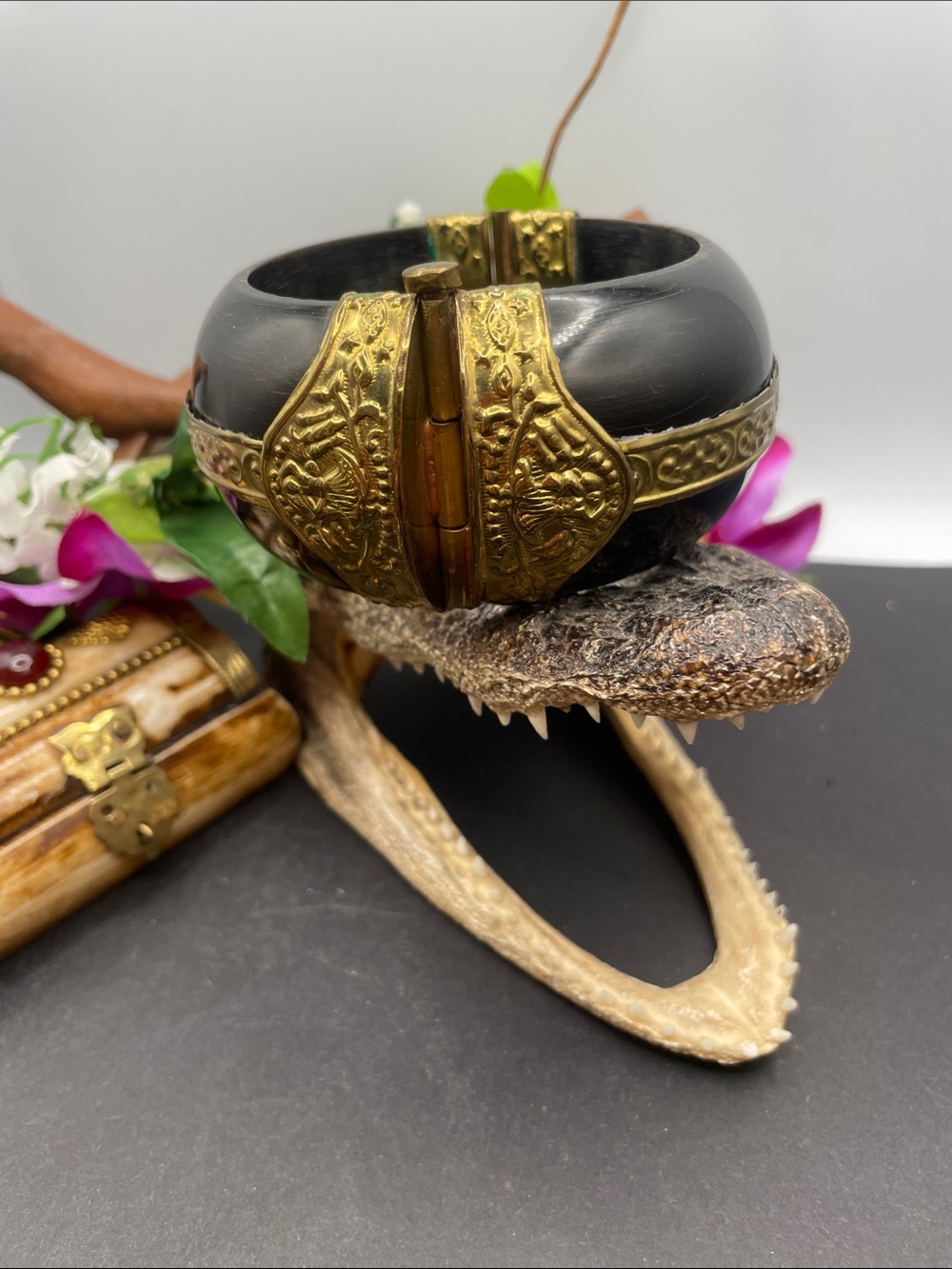 Ox horn and brass hinged bangle vintage